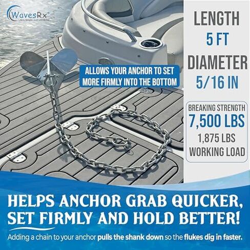 WAVESRX 7lb TriAnchor + سلسلة مرساة من الفولاذ المقاوم للصدأ بطول 5 أقدام + خط بنجي مرساة بطول 14 قدمًا (14 قدمًا - 50 بوصة) | رسو بدون جهد للزلاجات النفاثة وPWC | تصميم فريد قابل للطي مع حقيبة للتخزين in Kuwait