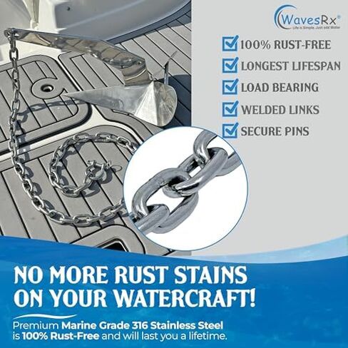 WAVESRX 7lb TriAnchor + سلسلة مرساة من الفولاذ المقاوم للصدأ بطول 5 أقدام + خط بنجي مرساة بطول 14 قدمًا (14 قدمًا - 50 بوصة) | رسو بدون جهد للزلاجات النفاثة وPWC | تصميم فريد قابل للطي مع حقيبة للتخزين in Kuwait