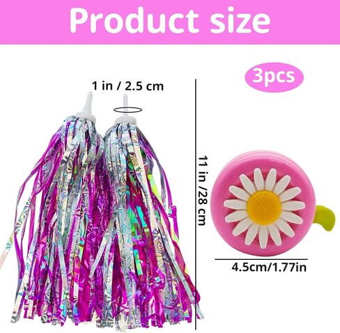 Bike Tassels for Girls, 3-Piece Bike Streamers Set with Two Fringes and One Bell, Handlebar Streamers for Bicycle, Streamers for Bike Tassels for Bike Handlebars, Bicycle Streamers for Girls in Kuwait