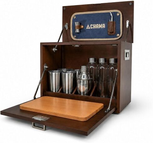 بار السفر المحمول Chama Sundowner - حقيبة بار خشبية مصنوعة يدويًا | بار كوكتيل محمول مع أدوات | طقم بار التخييم | قماش القطن والخشب الصلب | فاخرة وعرة | لائحة والعظام in Kuwait
