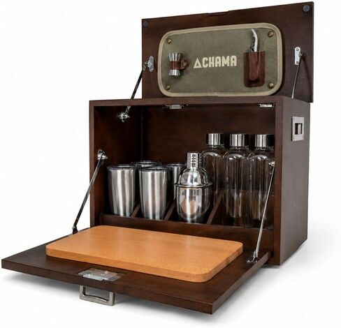 بار السفر المحمول Chama Sundowner - حقيبة بار خشبية مصنوعة يدويًا | بار كوكتيل محمول مع أدوات | طقم بار التخييم | قماش القطن والخشب الصلب | فاخرة وعرة | لائحة والعظام in Kuwait