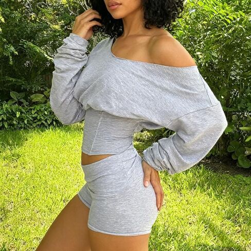 Sexy Two Piece Set For Women Long Sleeve Off Shoulder Backless Crop Top Slim Fit Shorts Casual Workout Sweatsuit in Kuwait