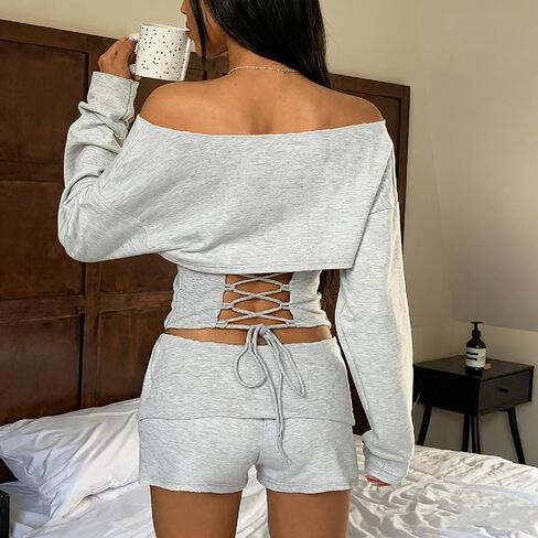 Sexy Two Piece Set For Women Long Sleeve Off Shoulder Backless Crop Top Slim Fit Shorts Casual Workout Sweatsuit in Kuwait