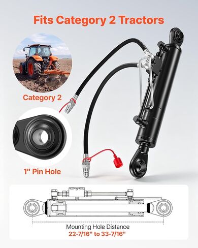 VEVOR Hydraulic Top Link Cat. 2-2 (11 in Stroke, 22-7/16 in to 33-7/16 in), Max 2900PSI Hydraulic Cylinder with 2 Hoses & G3/8" Check Valves for Tractors in Kuwait