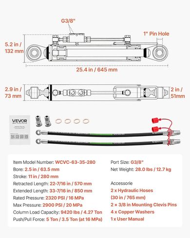 VEVOR Hydraulic Top Link Cat. 2-2 (11 in Stroke, 22-7/16 in to 33-7/16 in), Max 2900PSI Hydraulic Cylinder with 2 Hoses & G3/8" Check Valves for Tractors in Kuwait