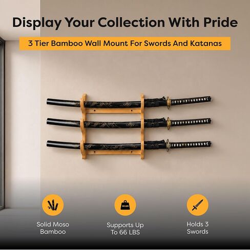 Carrsi 3-Tier Bamboo Sword Wall Mount, Katana Display Rack Holds 3 Swords in Kuwait