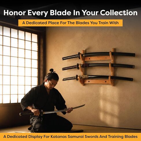 Carrsi 3-Tier Bamboo Sword Wall Mount, Katana Display Rack Holds 3 Swords in Kuwait
