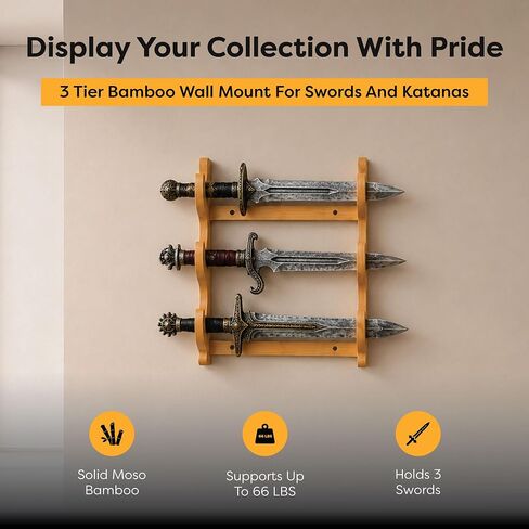 Carrsi 3-Tier Bamboo Sword Wall Mount, Katana Display Rack Holds 3 Swords in Kuwait