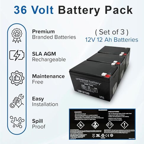 حزمة بطارية Alveytech 36 Volt لـ Razor Crazy Cart XL (12 AH ، جميع الإصدارات) - مجموعة بديلة من 3 بطاريات AGM قابلة لإعادة الشحن المتميزة مع تسخير الأسلاك in Kuwait