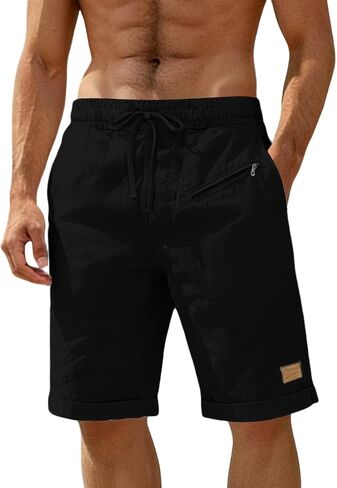 Mens Cotton Linen Shorts, Drawstring Elastic Waist Knee Length Roll Up Hem Zipper Shorts with Phone Pockets in Kuwait