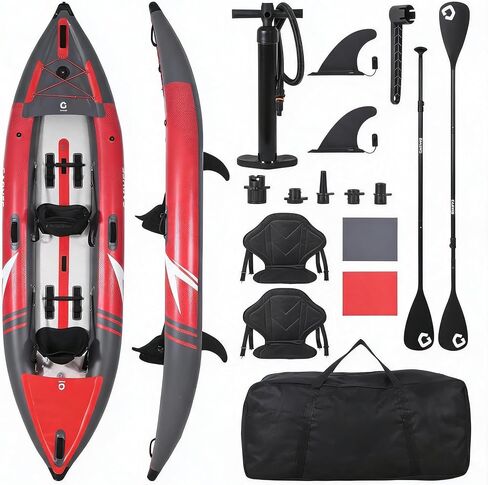 Durable Inflatable Kayak for 2 Adults - Mesh & Brushed PVC, Padded Seats, 3 Fins, Hand Pump, Collapsible, 12.5FT/450LBS, Size: 381 * 95 * 42cm in Saudi Arabia