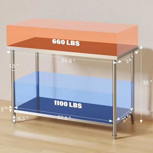 Stainless Steel Work Table with Undershelf, 60x24x35 Inch NSF Commercial Kitchen Prep Table, Heavy Duty Metal Workbench for Restaurant, Home, Outdoor Use, No Casters, Silver Finish in Kuwait