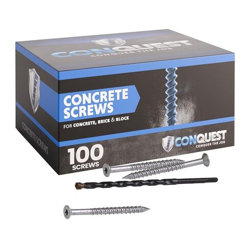 مسامير خرسانة مسطحة الرأس من Conquest مقاس 1/4 بوصة × 1-3/4 بوصة T-30 مع لقمة مثقاب (100 قطعة)، 410 براغي بناء من الفولاذ المقاوم للصدأ للتثبيت في الخرسانة والطوب والكتلة in Kuwait