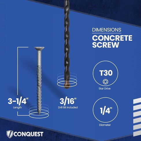 مسامير خرسانة مسطحة الرأس من Conquest مقاس 1/4 بوصة × 1-3/4 بوصة T-30 مع لقمة مثقاب (100 قطعة)، 410 براغي بناء من الفولاذ المقاوم للصدأ للتثبيت في الخرسانة والطوب والكتلة in Kuwait
