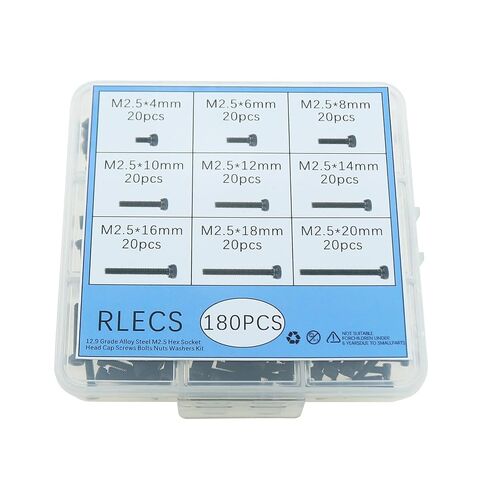 RLECS 180 قطعة مجموعة براغي مقبس سداسية M2.5 سوداء من 4 مم إلى 20 مم درجة 12.9 مجموعة براغي فولاذية عالية القوة مناسبة للآلات الدقيقة والمعدات الإلكترونية وصنع نماذج إصلاح الأجهزة المنزلية in Kuwait