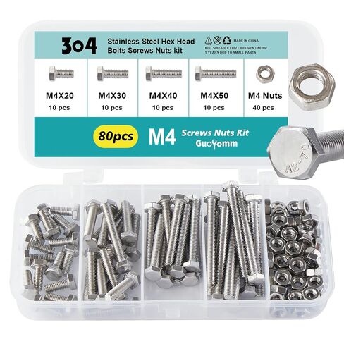 M8 x 50mm 60mm 70mm 80mm Hex Head Bolts and Nuts, M8 x 1.25 Bolts, Hexagon Head Screws, Stainless Steel 304, Bright Finish, Fully Thread, Assortment Kit 30PCS in Kuwait