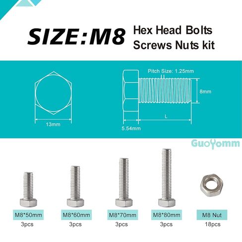 M8 x 50mm 60mm 70mm 80mm Hex Head Bolts and Nuts, M8 x 1.25 Bolts, Hexagon Head Screws, Stainless Steel 304, Bright Finish, Fully Thread, Assortment Kit 30PCS in Kuwait