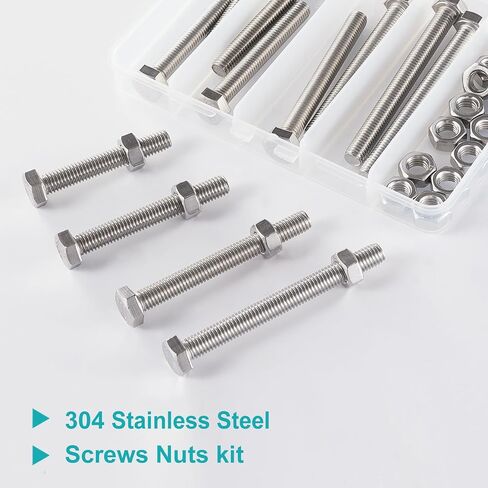 M8 x 50mm 60mm 70mm 80mm Hex Head Bolts and Nuts, M8 x 1.25 Bolts, Hexagon Head Screws, Stainless Steel 304, Bright Finish, Fully Thread, Assortment Kit 30PCS in Kuwait