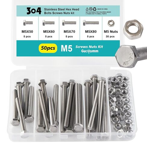 M8 x 50mm 60mm 70mm 80mm Hex Head Bolts and Nuts, M8 x 1.25 Bolts, Hexagon Head Screws, Stainless Steel 304, Bright Finish, Fully Thread, Assortment Kit 30PCS in Kuwait