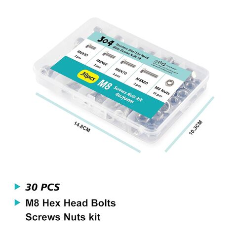 M8 x 50mm 60mm 70mm 80mm Hex Head Bolts and Nuts, M8 x 1.25 Bolts, Hexagon Head Screws, Stainless Steel 304, Bright Finish, Fully Thread, Assortment Kit 30PCS in Kuwait