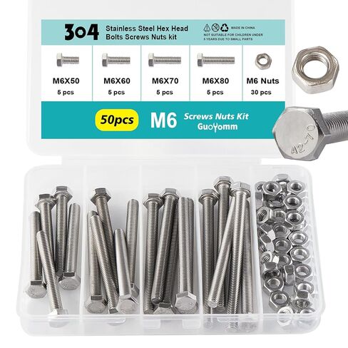 M8 x 50mm 60mm 70mm 80mm Hex Head Bolts and Nuts, M8 x 1.25 Bolts, Hexagon Head Screws, Stainless Steel 304, Bright Finish, Fully Thread, Assortment Kit 30PCS in Kuwait