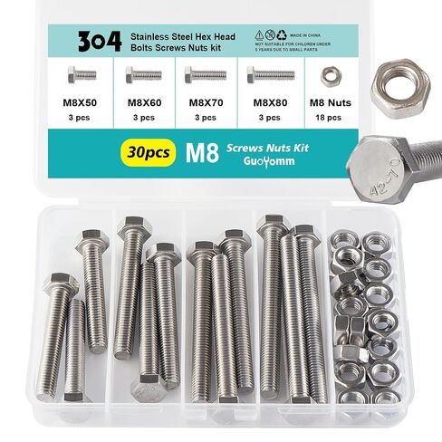 M8 x 50mm 60mm 70mm 80mm Hex Head Bolts and Nuts, M8 x 1.25 Bolts, Hexagon Head Screws, Stainless Steel 304, Bright Finish, Fully Thread, Assortment Kit 30PCS in Kuwait