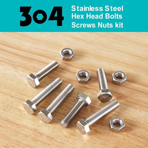 M8 x 50mm 60mm 70mm 80mm Hex Head Bolts and Nuts, M8 x 1.25 Bolts, Hexagon Head Screws, Stainless Steel 304, Bright Finish, Fully Thread, Assortment Kit 30PCS in Kuwait