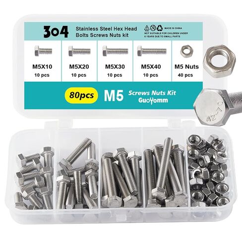 M8 x 50mm 60mm 70mm 80mm Hex Head Bolts and Nuts, M8 x 1.25 Bolts, Hexagon Head Screws, Stainless Steel 304, Bright Finish, Fully Thread, Assortment Kit 30PCS in Kuwait