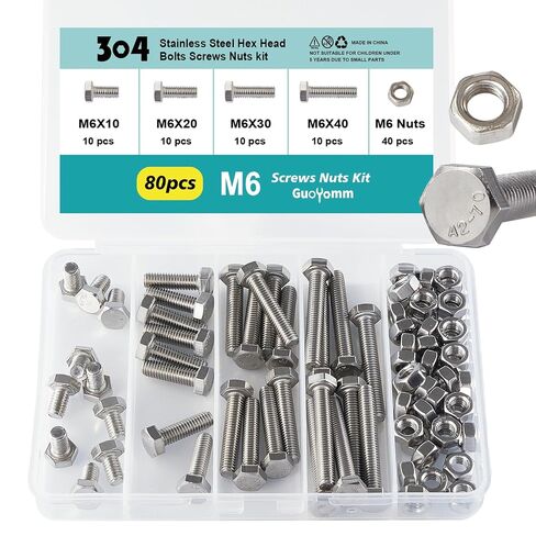 M8 x 50mm 60mm 70mm 80mm Hex Head Bolts and Nuts, M8 x 1.25 Bolts, Hexagon Head Screws, Stainless Steel 304, Bright Finish, Fully Thread, Assortment Kit 30PCS in Kuwait