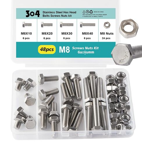M8 x 50mm 60mm 70mm 80mm Hex Head Bolts and Nuts, M8 x 1.25 Bolts, Hexagon Head Screws, Stainless Steel 304, Bright Finish, Fully Thread, Assortment Kit 30PCS in Kuwait
