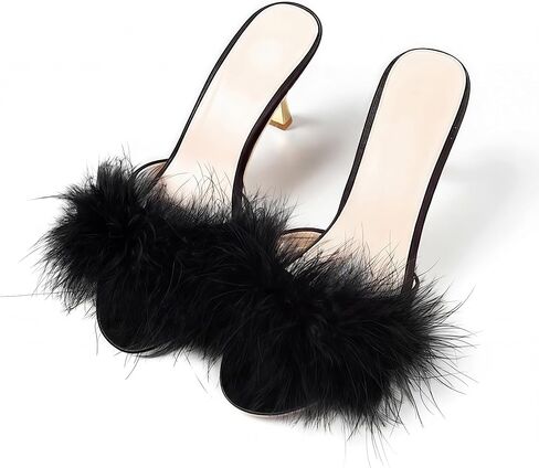 yiblbox نساء جولة إصبع القدم صندل ريشة ريشة sexy slippers هريرة كعب الكعب in Kuwait
