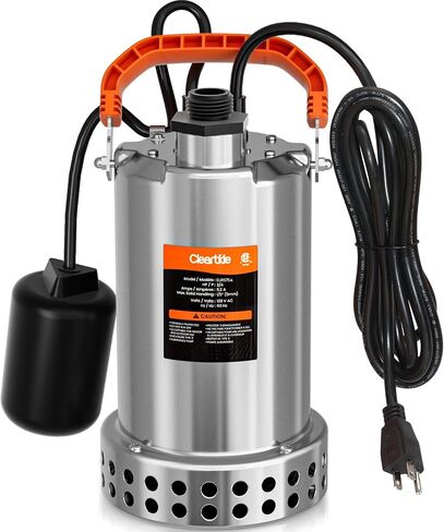 مضخة مياه غاطسة من الفولاذ المقاوم للصدأ من Cleartide، 1/2 HP 3180 GPH، قابس وعمل محمول من البلاستيك الحراري، مثالية لحمام السباحة، والطابق السفلي المغمور، وحوض الاستحمام الساخن، وتصريف البركة والحديقة، سلك بطول 10 أقدام in Kuwait