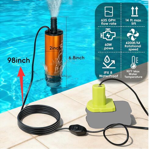 مضخة نقل متوافقة مع بطارية RYOBI ONE+ 18 فولت، مضخة مرافق محمولة بقدرة 635 جيجا في الساعة مع خرطوم ومثبت مقاس 50 بوصة، وعصا مضخة مستنقع صغيرة للمياه، وزيت الزيت، وتصريف بركة السباحة في حديقة المسبح (الأداة فقط) in Kuwait