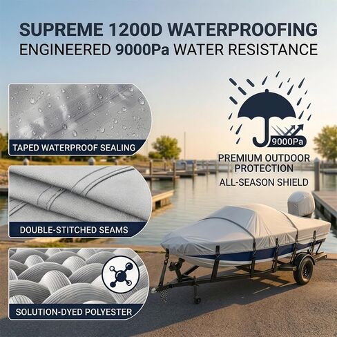 أغطية القوارب بطول 17-19 قدمًا، غطاء قارب مقاوم للماء 1200D مع خطاف معدني يناسب الجهير من 17 إلى 19 بوصة، هيكل على شكل حرف V، هيكل ثلاثي، سمك وتزلج، غطاء قارب قابل للمقطورة 17 18 19 قدمًا، رمادي in Kuwait