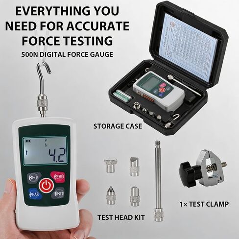 500N Digital Force Gauge & Manual Test Stand Kit, Push Pull Gauge with N/Lb/Kg/Oz Units, 250mm/9.8 inches Stroke Test Stand with 1 Pcs Test Clamp for Tension Tests in Lab, School, Industry in Kuwait