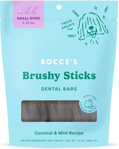 Bocce’s Bakery Dailies Brushy Sticks to Support Oral Health & Fresh Breath, Wheat-Free Dental Bars for Dogs, Made with Real Ingredients, Baked in the USA, All-Natural Coconut & Mint Recipe, Small Dogs in Kuwait