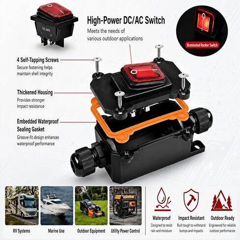 مفتاح طاقة مضمن DC 12V-24V، IP67 مقاوم للماء 10AWG 25A مفتاح تبديل مضمن، مفتاح أسلاك DPST مزدوج الجوانب، مناسب لتوصيل السيارات والسفن والشاحنات والدراجات النارية وجميع مركبات التضاريس in Kuwait