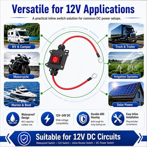 مفتاح طاقة مضمن DC 12V-24V، IP67 مقاوم للماء 10AWG 25A مفتاح تبديل مضمن، مفتاح أسلاك DPST مزدوج الجوانب، مناسب لتوصيل السيارات والسفن والشاحنات والدراجات النارية وجميع مركبات التضاريس in Kuwait