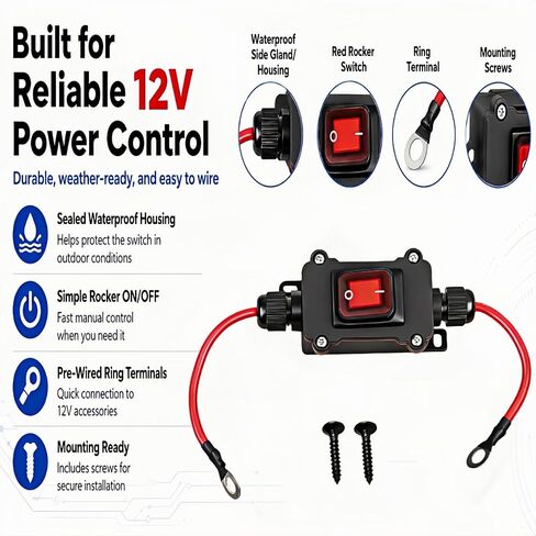 مفتاح طاقة مضمن DC 12V-24V، IP67 مقاوم للماء 10AWG 25A مفتاح تبديل مضمن، مفتاح أسلاك DPST مزدوج الجوانب، مناسب لتوصيل السيارات والسفن والشاحنات والدراجات النارية وجميع مركبات التضاريس in Kuwait