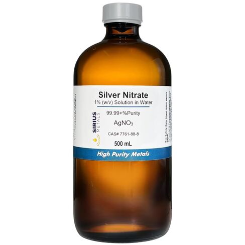 Silver Nitrate Solution (CAS# 7761-88-8) - 1.0% (w/v in Water) as AgNO3 (0.635% as Ag) - 99.99+% Purity: 500 mL in Amber Glass Bottle in Kuwait