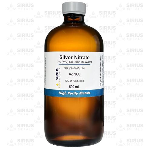 Silver Nitrate Solution (CAS# 7761-88-8) - 1.0% (w/v in Water) as AgNO3 (0.635% as Ag) - 99.99+% Purity: 500 mL in Amber Glass Bottle in Kuwait