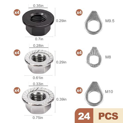24 Pcs Bike Axle Nut and Washer Kit M8 M9 5 M10 Bicycle Hub Flange Nuts Set for Mountain Road Bike Wheel Bolt Replacement Cycling Hardware Repair Parts Universal Fit Components in Saudi Arabia