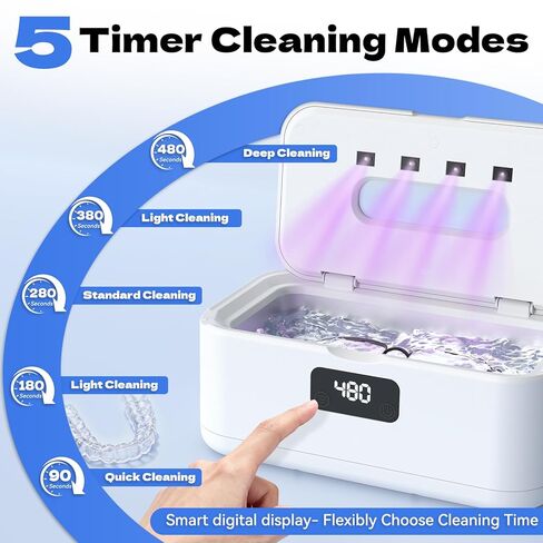 Ultrasonic Jewelry Cleaner, 50Khz Jewelry Cleaner Ultrasonic Machine for Jewelry, Eyeglasses, Rings, Watch Strap, Dentures, 24oz - 304 Stainless Steel Tank, Digital Timer, 5 Cleaning Modes in Kuwait