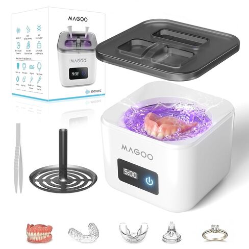 Ultrasonic Retainer Cleaner Machine, Denture Cleaner for Aligners Night Guards Braces Mouth Guards Toothbrush Heads，All-in-One Dental & Jewelry Cleaner, 45kHz 200ML, Dual Modes in Saudi Arabia