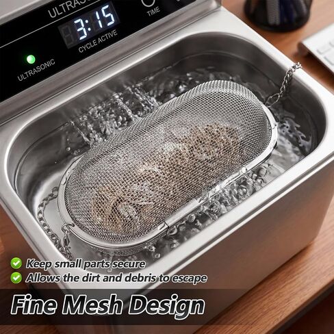 سلة التنظيف بالموجات فوق الصوتية - سلة شبكية من الفولاذ المقاوم للصدأ مكونة من قطعتين، سلال تنظيف الأجزاء الصغيرة مع سلسلة إبزيم لتنظيف المجوهرات بالموجات فوق الصوتية والبخار in Kuwait