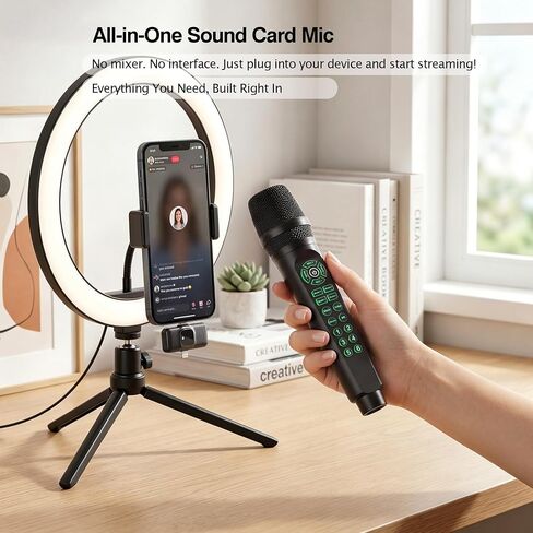 Facmogu MC9 Karaoke & Live Streaming Microphone w/Built-in Sound Card for TikTok YouTube Beginners, Voice Changer Sound Effects, Bluetooth, Real-Time Monitoring, Easy Podcast Recording Kit for Phones in Kuwait