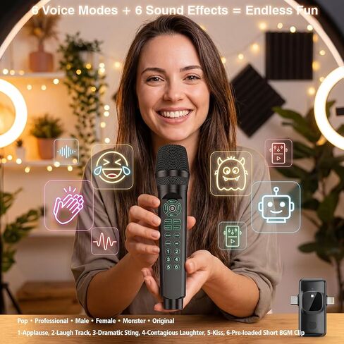 Facmogu MC9 Karaoke & Live Streaming Microphone w/Built-in Sound Card for TikTok YouTube Beginners, Voice Changer Sound Effects, Bluetooth, Real-Time Monitoring, Easy Podcast Recording Kit for Phones in Kuwait