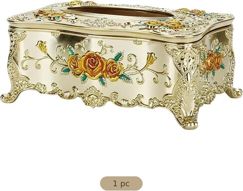 European Golden Tissue Box, Decorative Ornate Embossed Paper Towel Dispenser, KTV Tissue Holder with Rose Pattern, Versatile Napkin Box for Car, Home, Hotel, Yellow Flower, 9.1 x 4.9 in / 23 x 12.5 cm in Kuwait