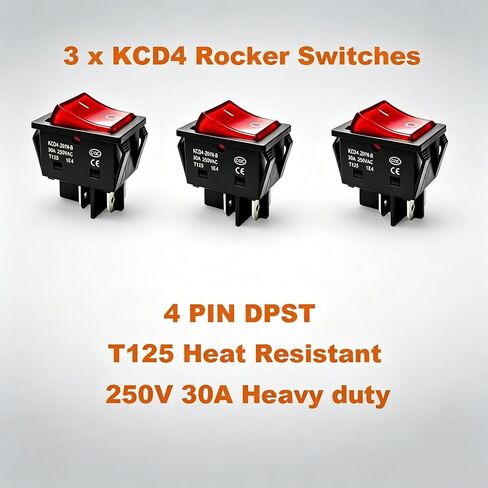 30A 250V KCD4 DPST Heavy Duty 120V Rocker Switch with Red LED Light 4 Pin ON Off Toggle Switch T125（3 Pack） in Kuwait