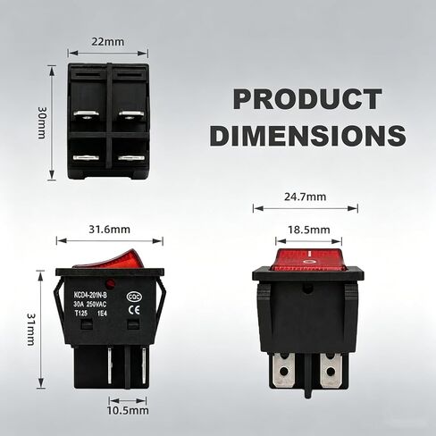 30A 250V KCD4 DPST Heavy Duty 120V Rocker Switch with Red LED Light 4 Pin ON Off Toggle Switch T125（3 Pack） in Kuwait